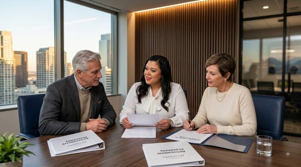 Alexandra Leon Guerrero reviewing a retirement plan with a couple
