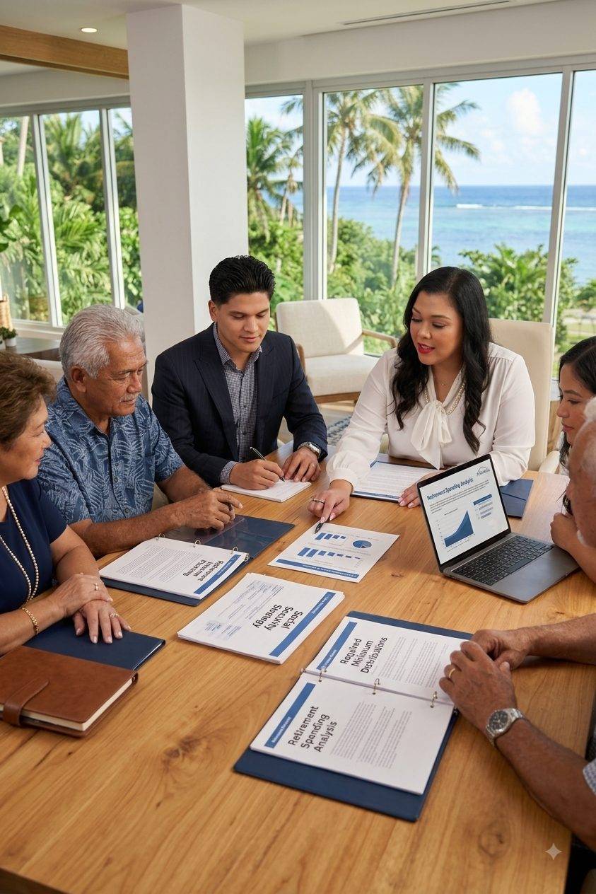 A Guam family reviewing a retirement spending analysis with their advisors