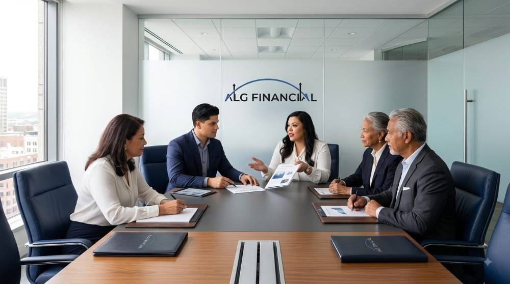 A trustee reviewing trust documents and an investment policy with ALG Financial